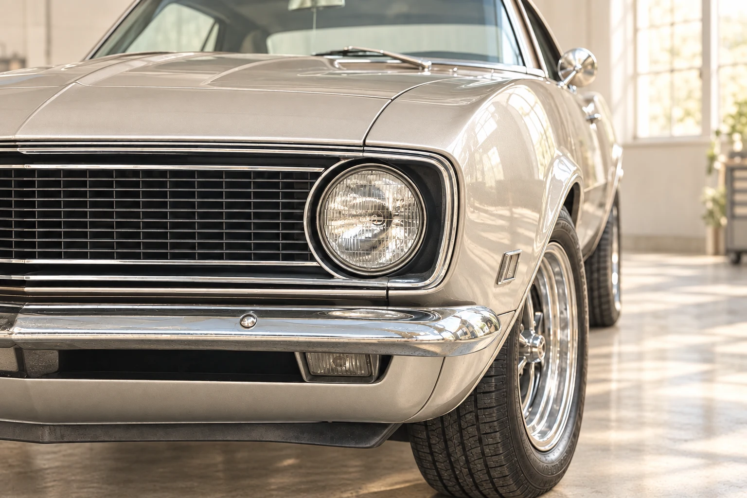 Champagne-colored classic car with a chrome grille and round headlights in a sunlit workshop